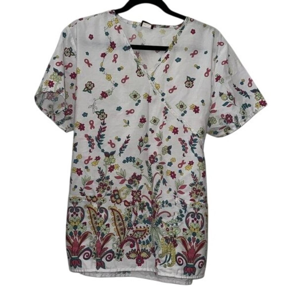 Floral & Ribbon Print Wrap-Style Short Sleeve Top By Denice